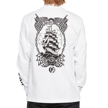 Back view of a white long sleeve tee with a large printed black emblem of an old ship sailing at sea. Above the emblem is an eagle spreading its wings with two American flags on each side. Below the emblem is a rose with symmetrical spider webs on each side. The I P D logo is below.