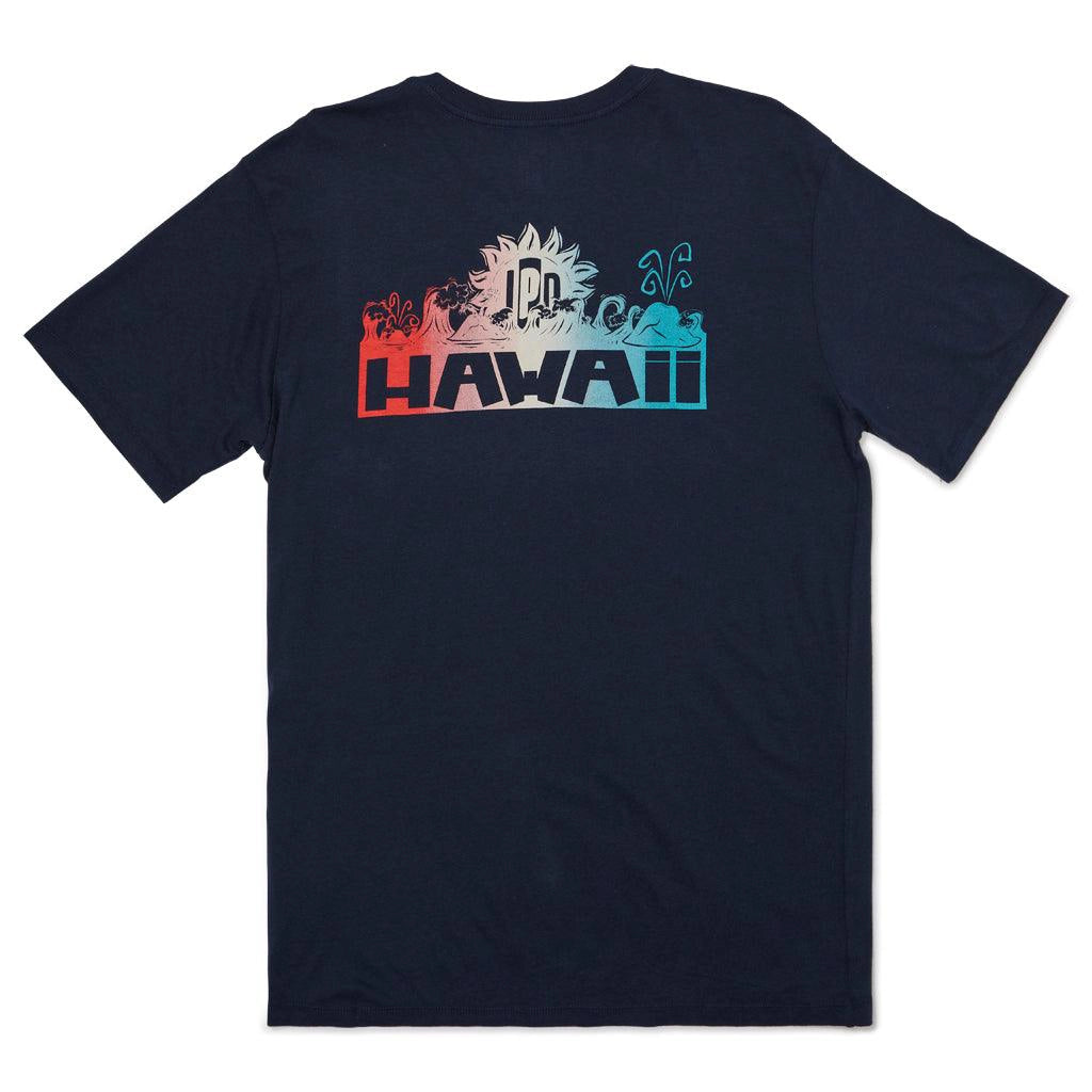Legacy dark blue tee with I P D and artistic Hawaii print on the back.