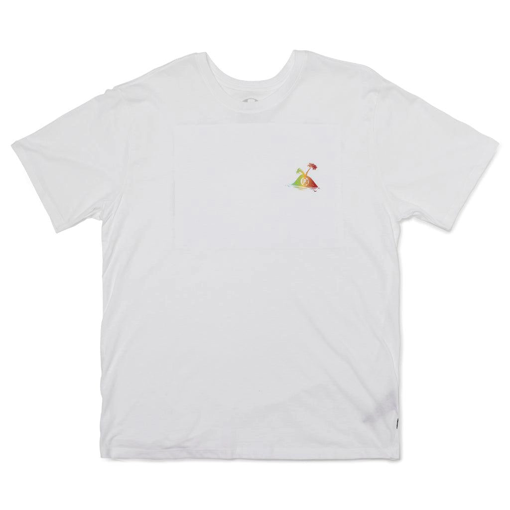 White tee with small I P D island logo over the heart front.