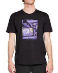 Front view of a black short sleeve tee with a purple-colored, retro, collage style print of an I P D logo on the broken screen of an old T V. The word Against is above the T V, the words The Grain are below the T V, and the words No Risk No Reward are at the bottom of the print.