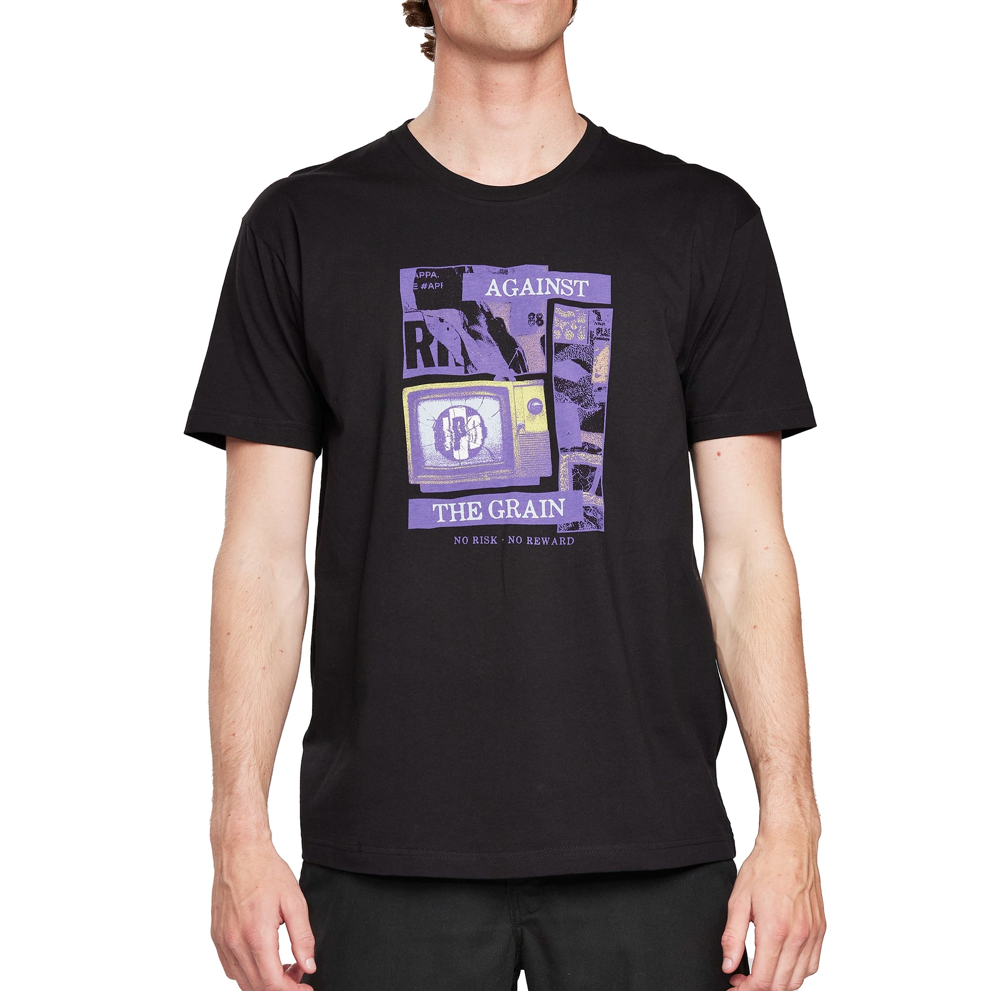 Front view of a black short sleeve tee with a purple-colored, retro, collage style print of an I P D logo on the broken screen of an old T V. The word Against is above the T V, the words The Grain are below the T V, and the words No Risk No Reward are at the bottom of the print.