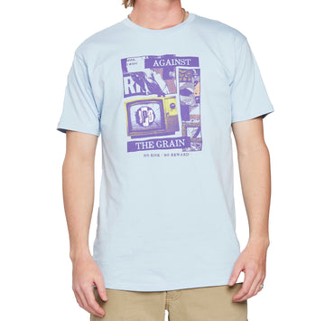 Front view of a black short sleeve tee with a purple-colored, retro, collage style print of an I P D logo on the broken screen of an old T V. The word Against is above the T V, the words The Grain are below the T V, and the words No Risk No Reward are at the bottom of the print.