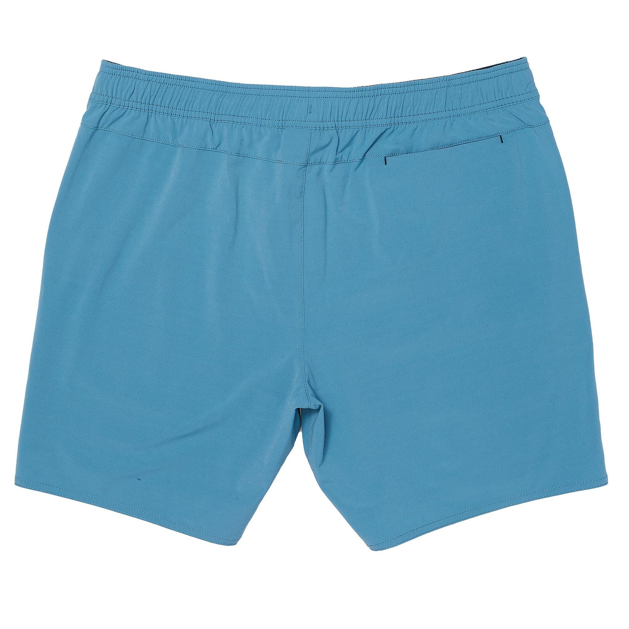 Front of solid light blue lightweight boardshorts with elastic waistband.