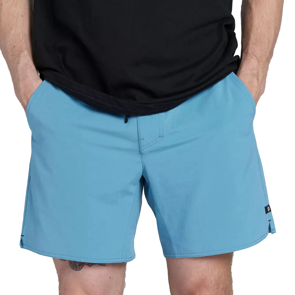 Front of solid light blue lightweight boardshorts with elastic waistband.