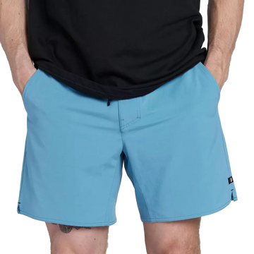 Front of solid light blue lightweight boardshorts with elastic waistband.