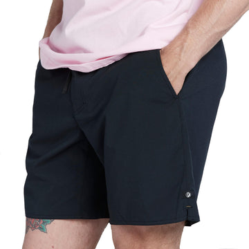 Front of solid light blue lightweight boardshorts with elastic waistband.