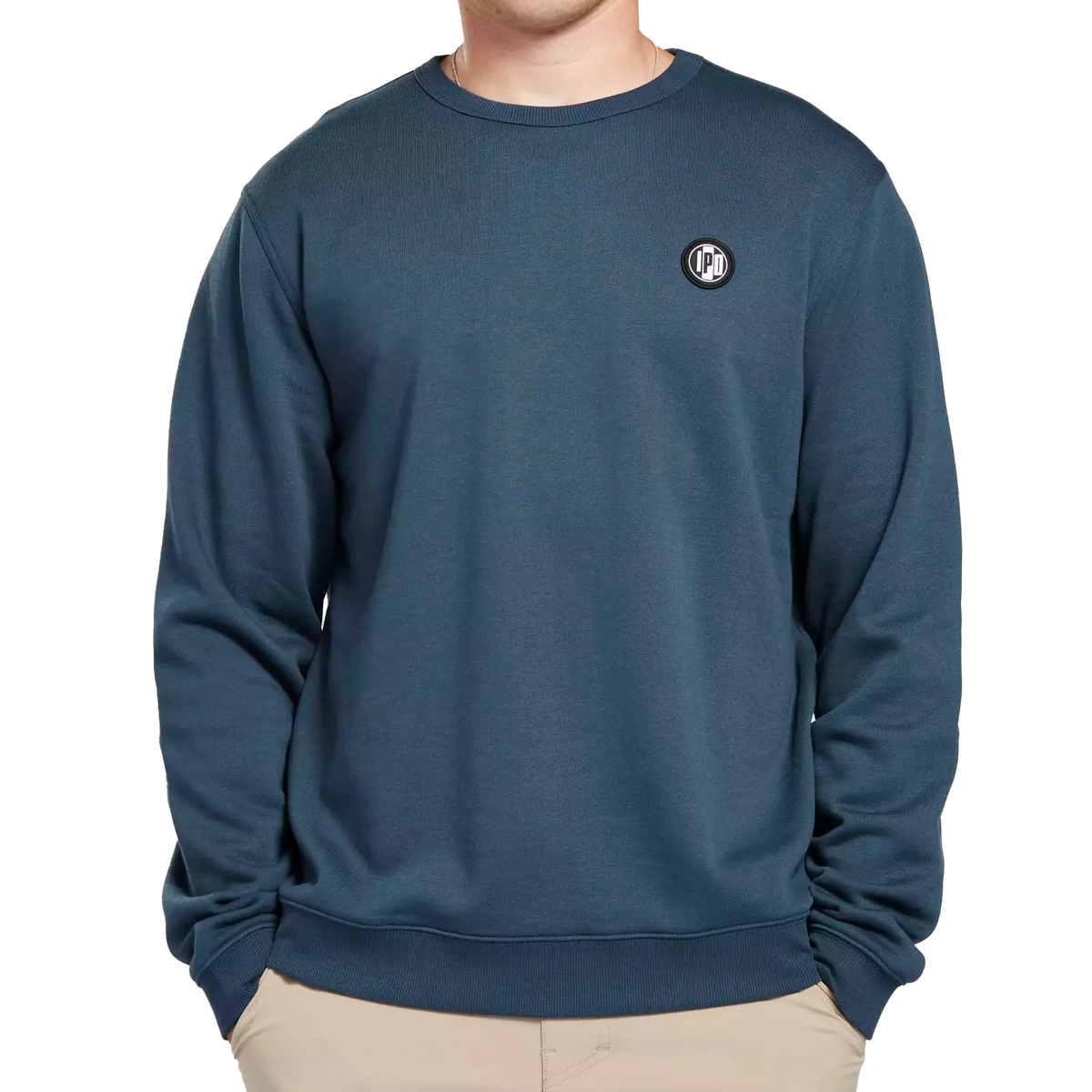 Navy blue crew neck fleece sweater with small I P D logo over the heart front.