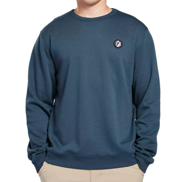 Navy blue crew neck fleece sweater with small I P D logo over the heart front.