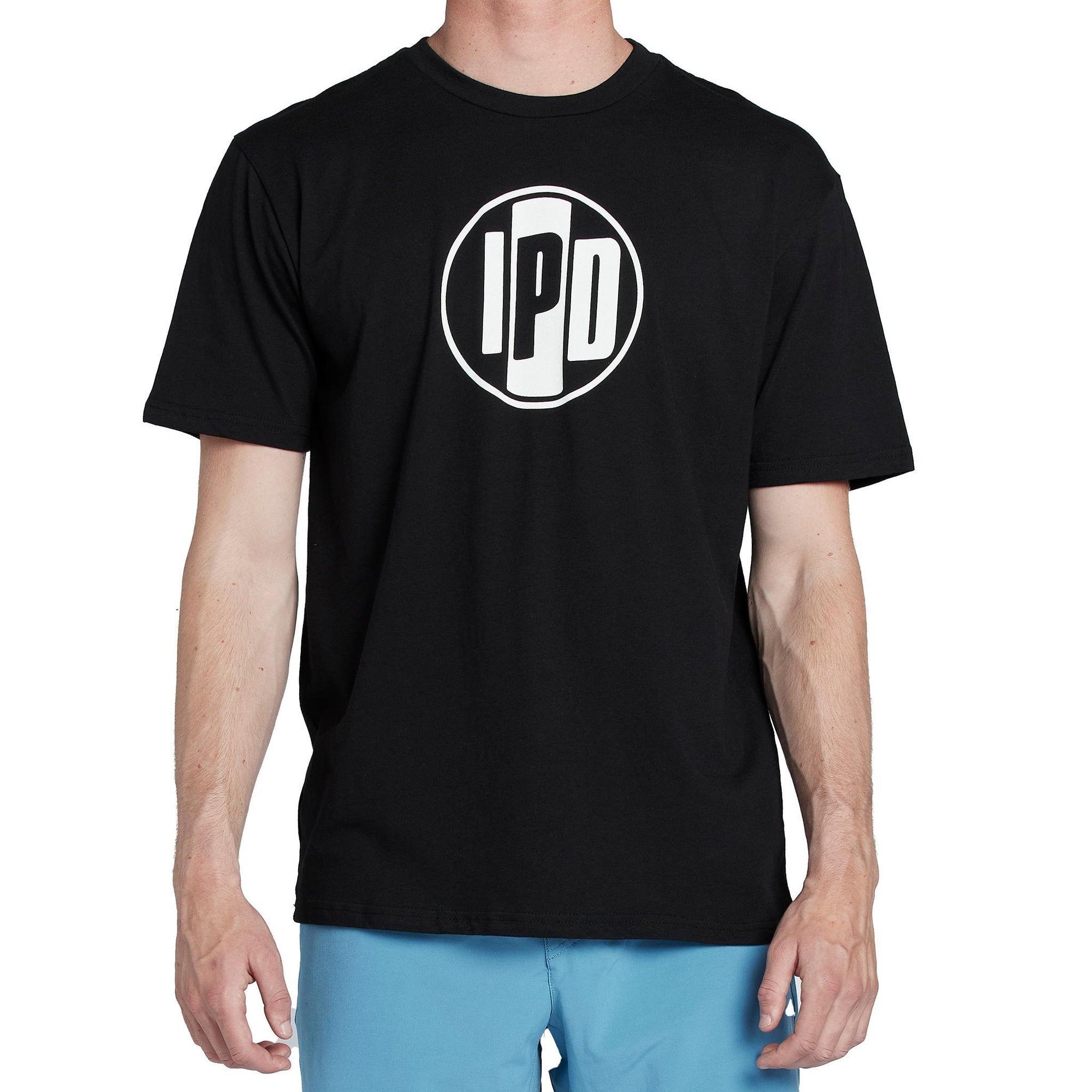 Front view of a black short sleeve tee with a large I P D logo over the center of the chest.