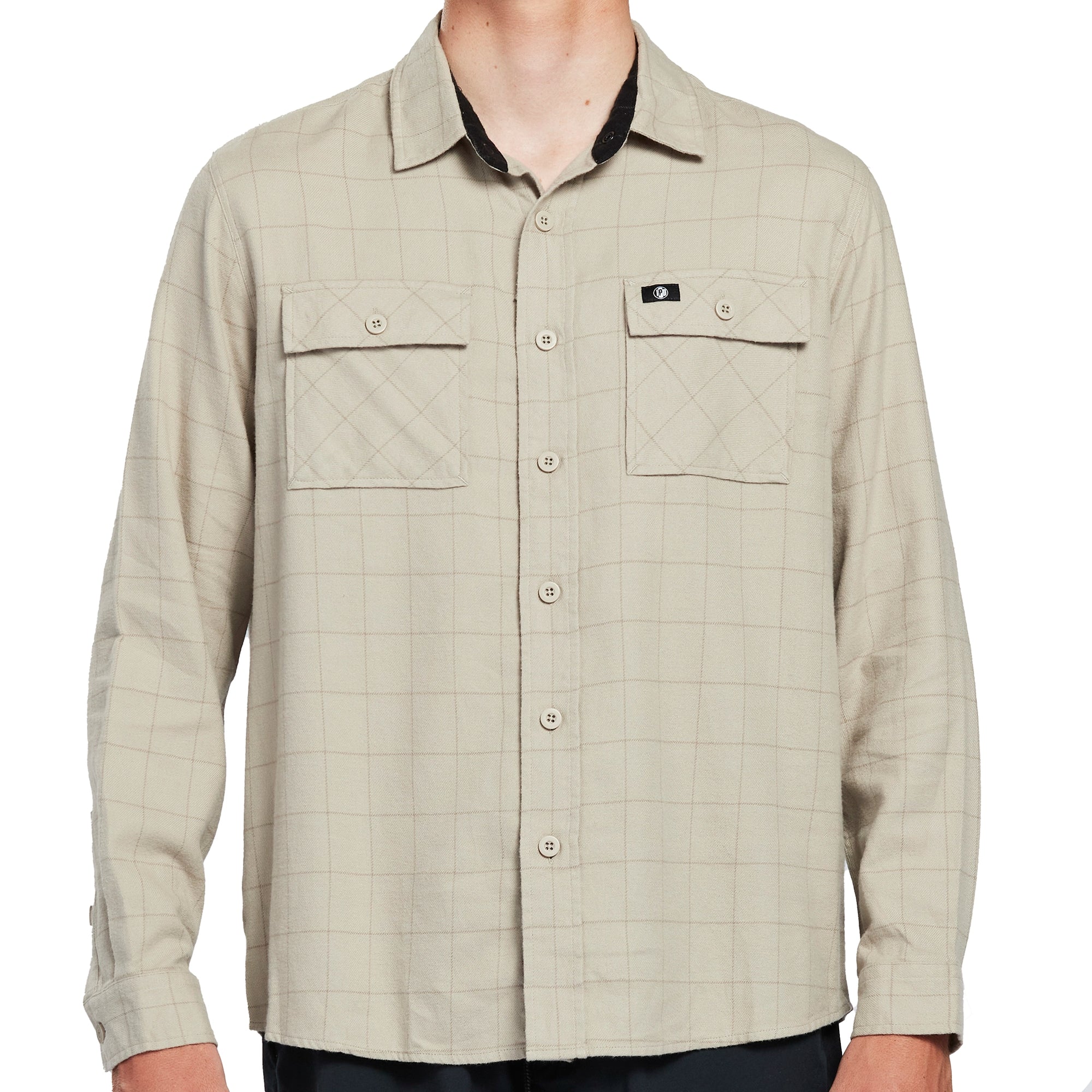 White haze long sleeve button down flannel shirt with dark stripes front.