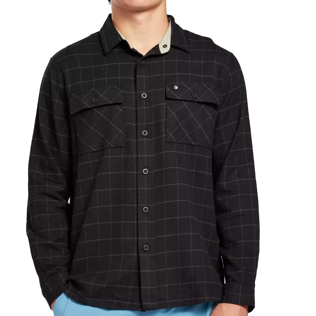 Black long sleeve button down flannel shirt with beige stripes front.
