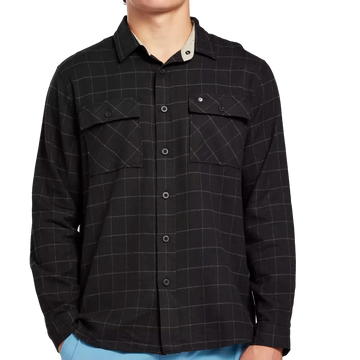 White haze long sleeve button down flannel shirt with dark stripes front.