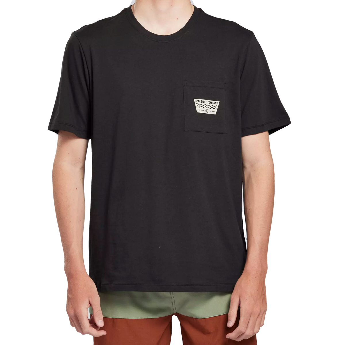 Black tee with I P D labeled front chest pocket.