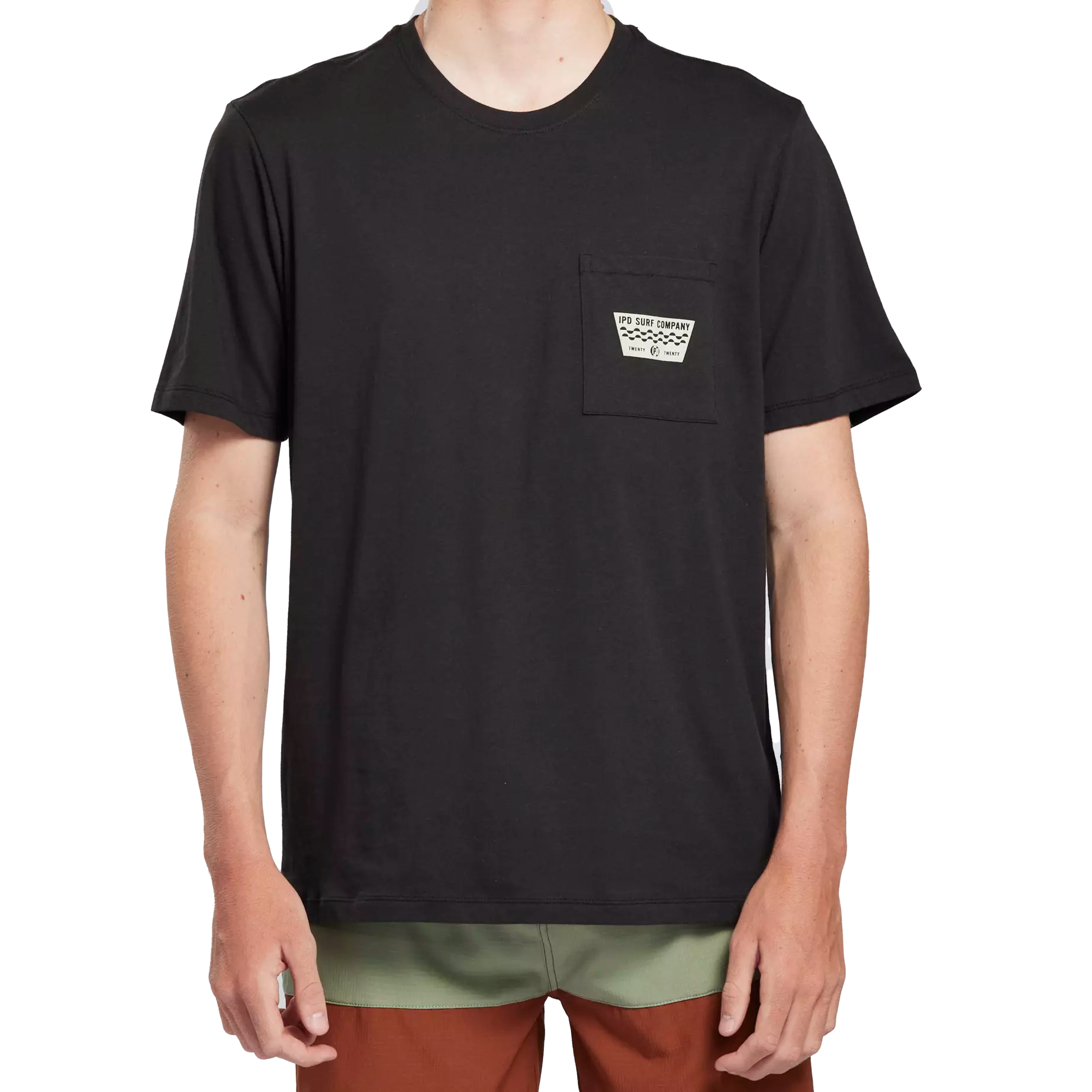 Black tee with I P D labeled front chest pocket.