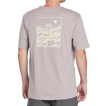 Back of a moonstone gray short sleeve tee with a large, light mineral green rectangular framed print of choppy water with the letters I P D above the water and a circular sun in the top right corner of the frame.