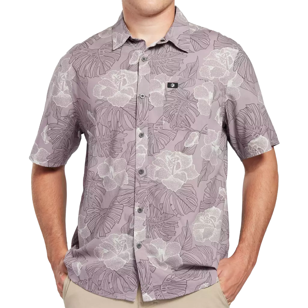 Moonstone gray short sleeve button up shirt with white and black floral pattern front.