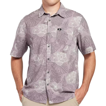 Slate turquoise short sleeve button up shirt with floral pattern front.