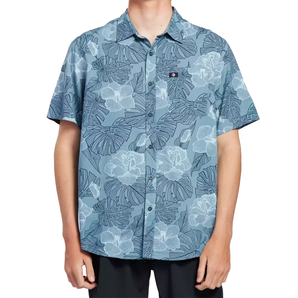 Slate turquoise short sleeve button up shirt with floral pattern front.