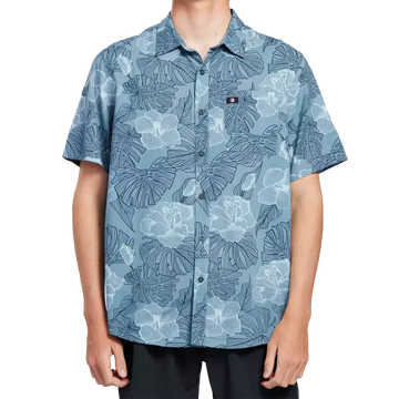 Slate turquoise short sleeve button up shirt with floral pattern front.