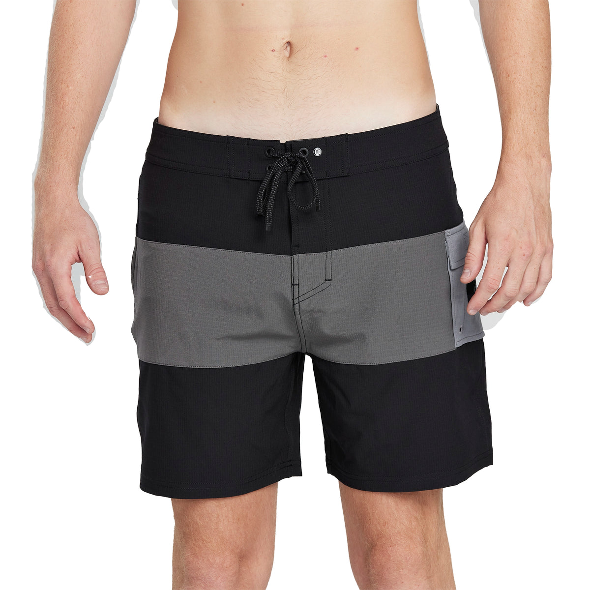 black and gray boardshorts  front view