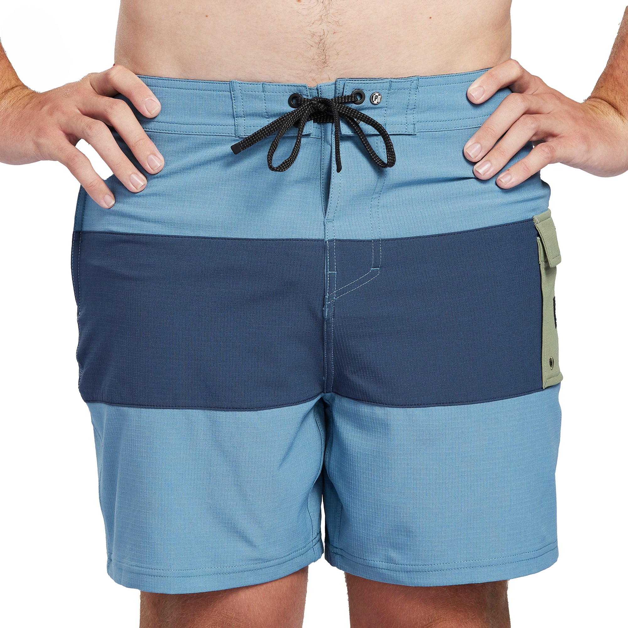Burnt red boardshorts with a large olive green stripe through the middle and a tan side pocket front view.