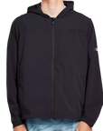 Black hooded full zip water repellent jacket front view.