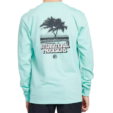 Vintage white long sleeve tee with a print of crossing palm trees on a beach on the back.