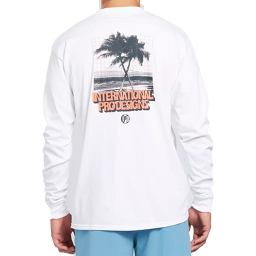 Vintage white long sleeve tee with a print of crossing palm trees on a beach on the back.