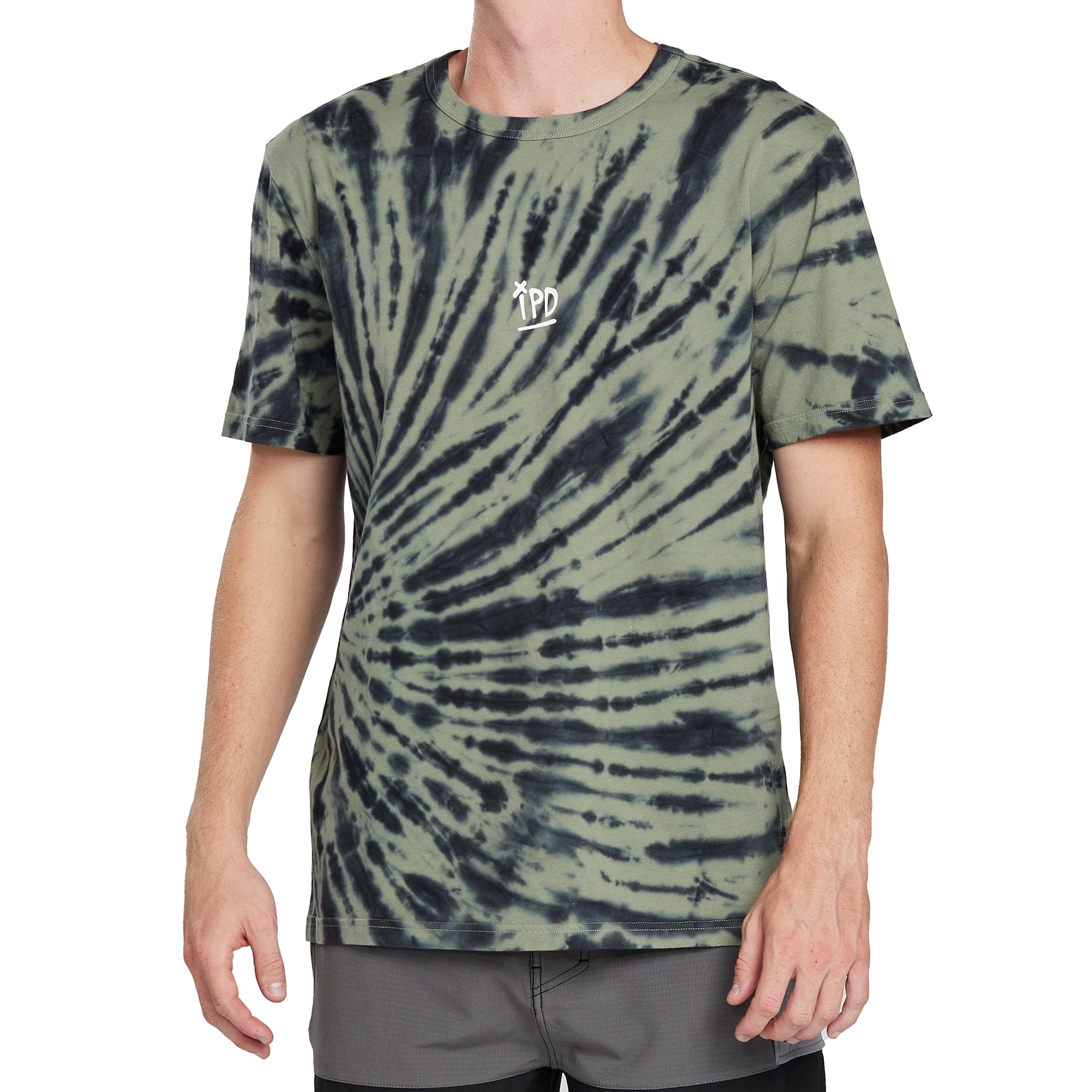 Front of a green and black swirl tie-dye short sleeve tee with a small print of the letters I P D in the center of the chest in a sand-etched font.