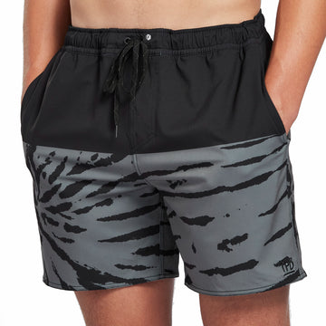 Black boardshorts with a gray swirl pattern front view.