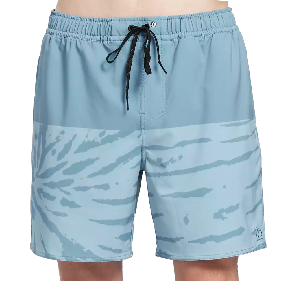 Slate turquoise boardshorts with a light gray swirl pattern front view.