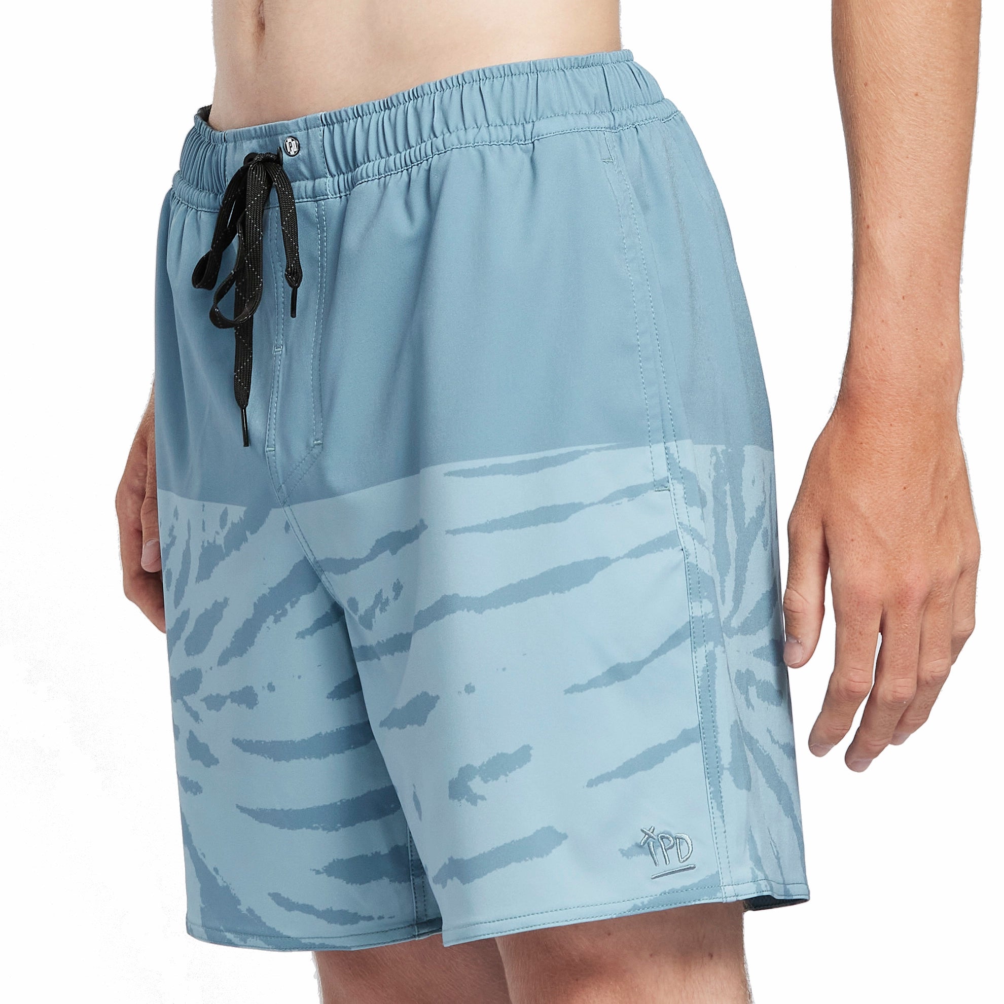 Black boardshorts with a gray swirl pattern front view.