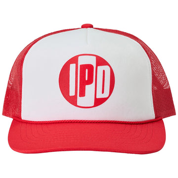 The classic trucker style and shape. This hat is white and navy. the back mesh, bill and details are navy. the front foam is white and has our Iconic IPD logo on the front in navy. Nylon foam front material, nylon mesh back, flat bill, rope detail, heat transfer logo, adjustable snap back.