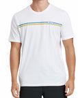 Front of a white short sleeve tee with two small stripes across the chest. The top stripe is baby blue and the bottom stripe is yellow. The letters I P D are printed over the heart on top of the stripes.