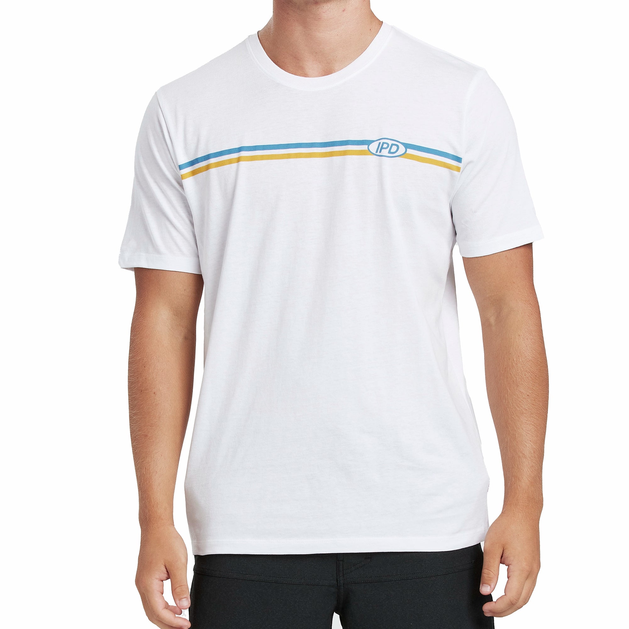 Front of a white short sleeve tee with two small stripes across the chest. The top stripe is baby blue and the bottom stripe is yellow. The letters I P D are printed over the heart on top of the stripes.