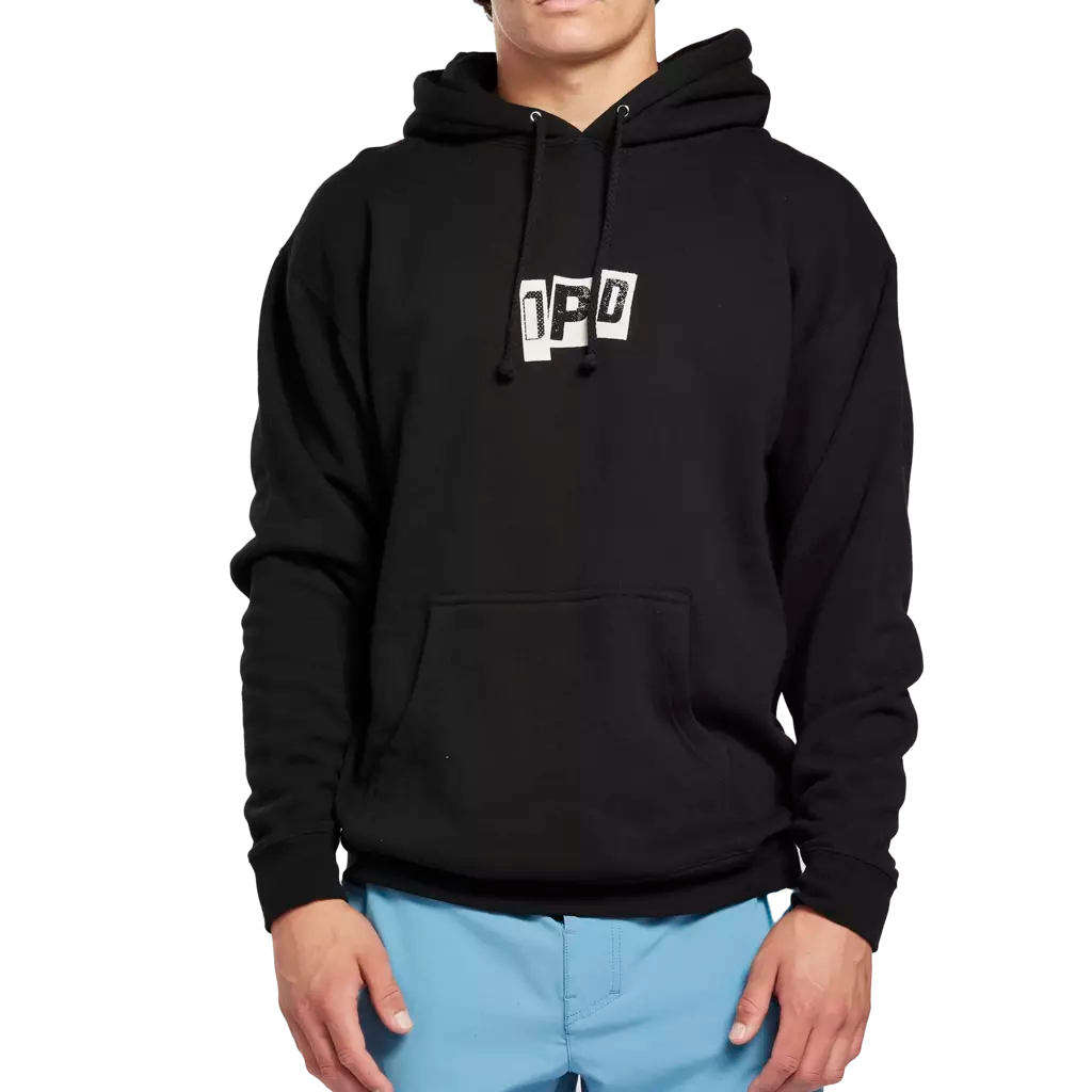 Front view of a person wearing a black hoodie pullover. The hoodie's fabric appears smooth and slightly loose, draping comfortably around the person's shoulders. I P D logo is visible on the garment.