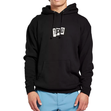 Front view of a person wearing a black hoodie pullover. The hoodie's fabric appears smooth and slightly loose, draping comfortably around the person's shoulders. I P D logo is visible on the garment.