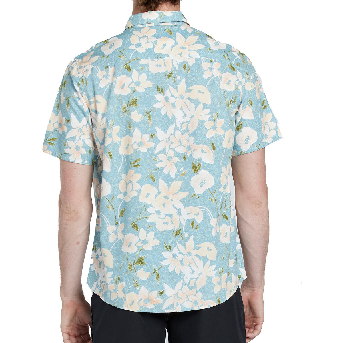 Back view of a men&#39;s short sleeve floral button-down shirt in a vibrant banjo blue color. The floral pattern is intricately designed with various hues against the blue background. The shirt is neatly tailored and features a classic collar. This stylish garment exudes a refreshing and summery vibe, perfect for casual outings or gatherings.