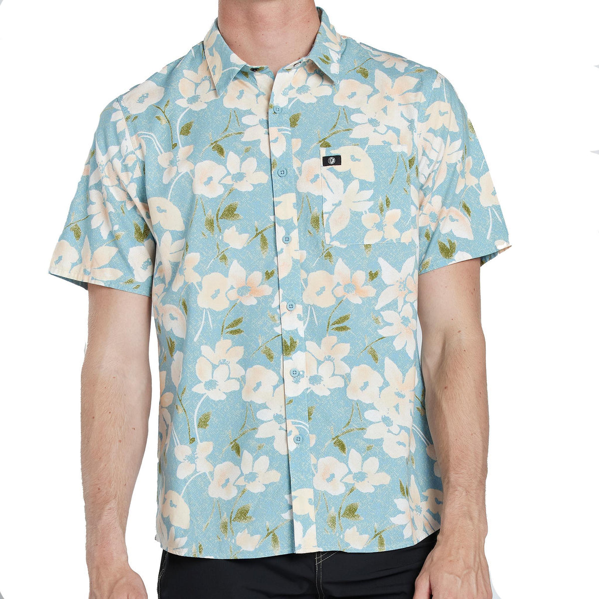 Front view of a men&#39;s short sleeve floral button-down shirt in light blue. The shirt features a vibrant floral pattern in shades of white and pink against a light blue background.