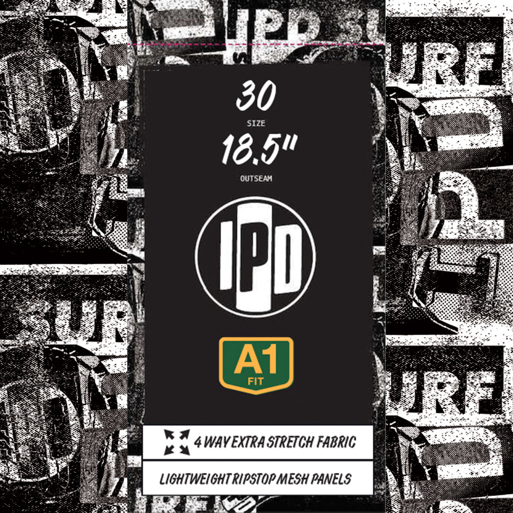 Front view of a product tag with an I P D logo in the center. Below the logo is an image imitating a green and gold road sign with A 1 in the center and the word Fit below it. There's other various product information printed above and below the logos.