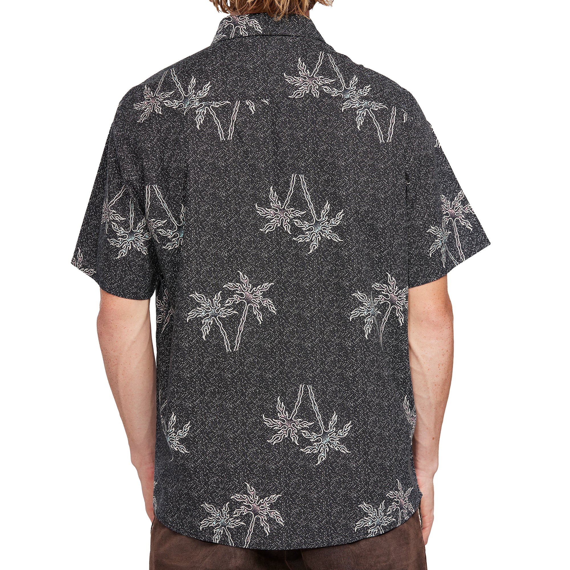 Back view of a black short sleeve shirt featuring an all-over palm tree print, offering a stylish, casual look with island vibes.