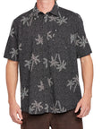 Front view of a black short sleeve shirt with palm tree print, featuring a relaxed fit and button-up design perfect for casual wear.