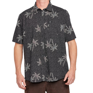 Front view of a black short sleeve shirt with palm tree print, featuring a relaxed fit and button-up design perfect for casual wear.