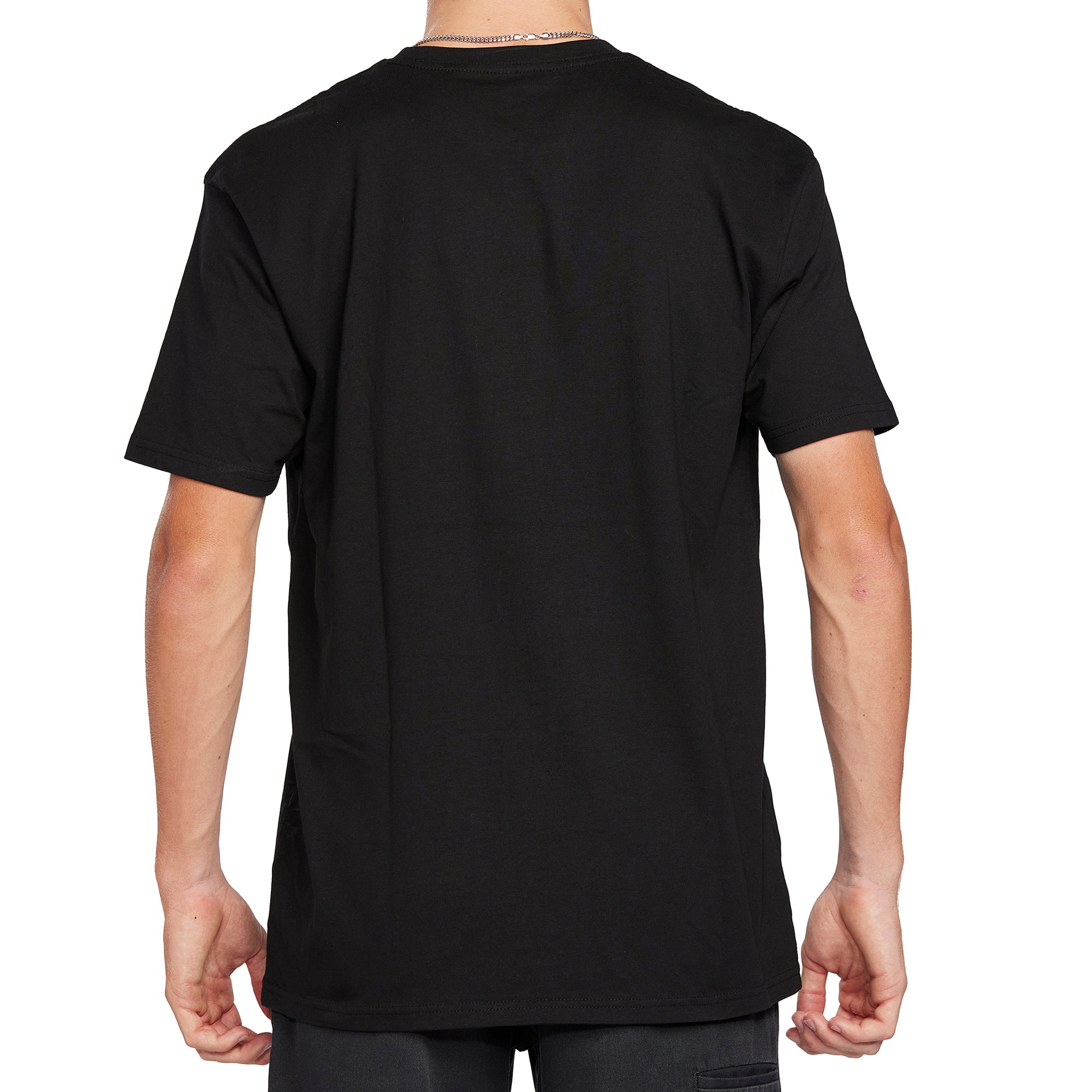 Back view of a black graphic tee with a simple, solid design, offering a comfortable fit for everyday wea