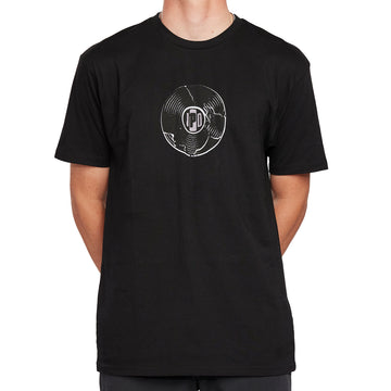 Front view of a black graphic tee featuring a distressed vinyl record design with an "IPD" logo, perfect for music lovers with a vintage twist.