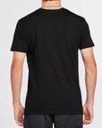 Back view of a black graphic tee with a clean, solid design, offering a comfortable fit and versatile style.
