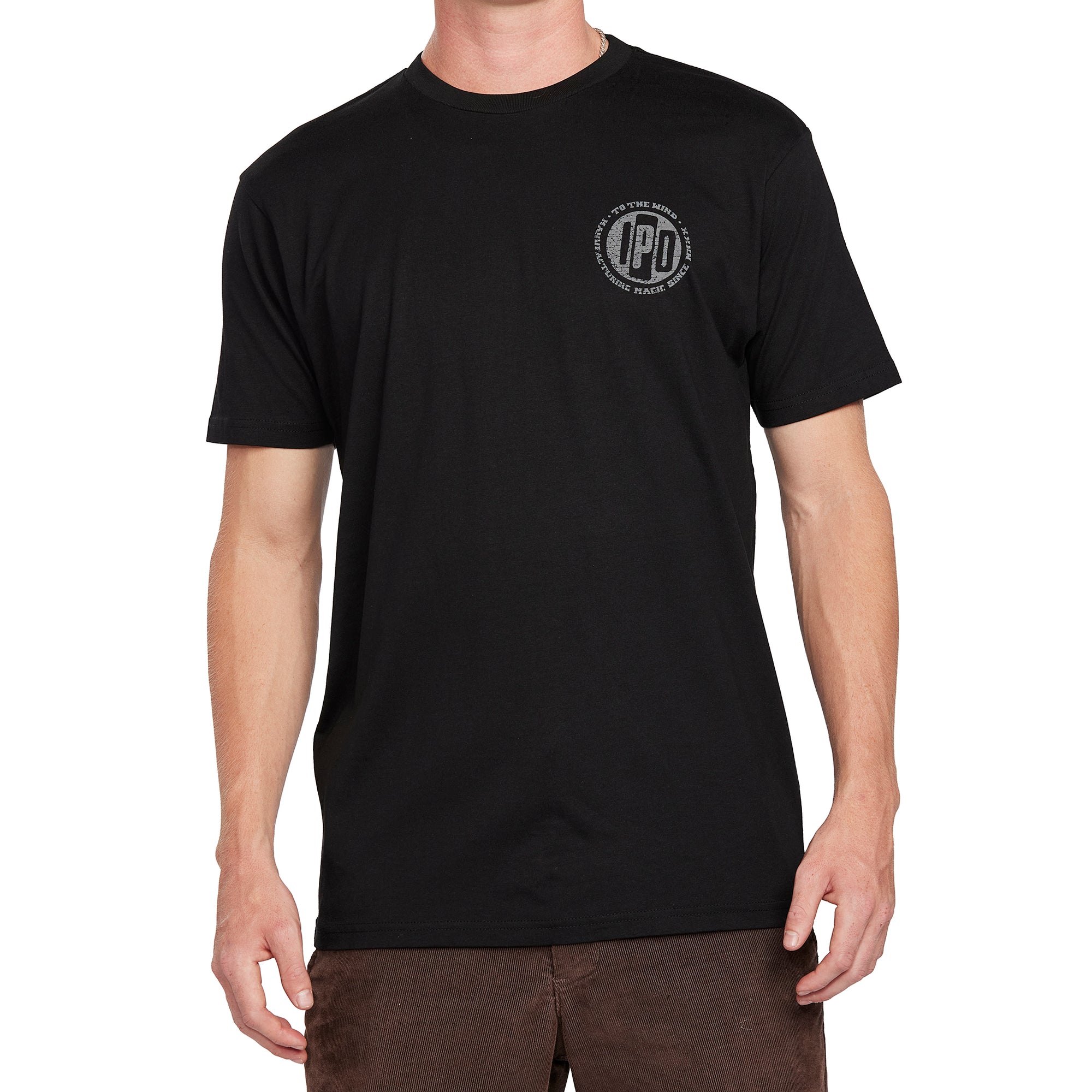 Front view of a black graphic tee featuring a small &quot;IPD&quot; logo on the chest, offering a simple yet bold design for everyday wear.
