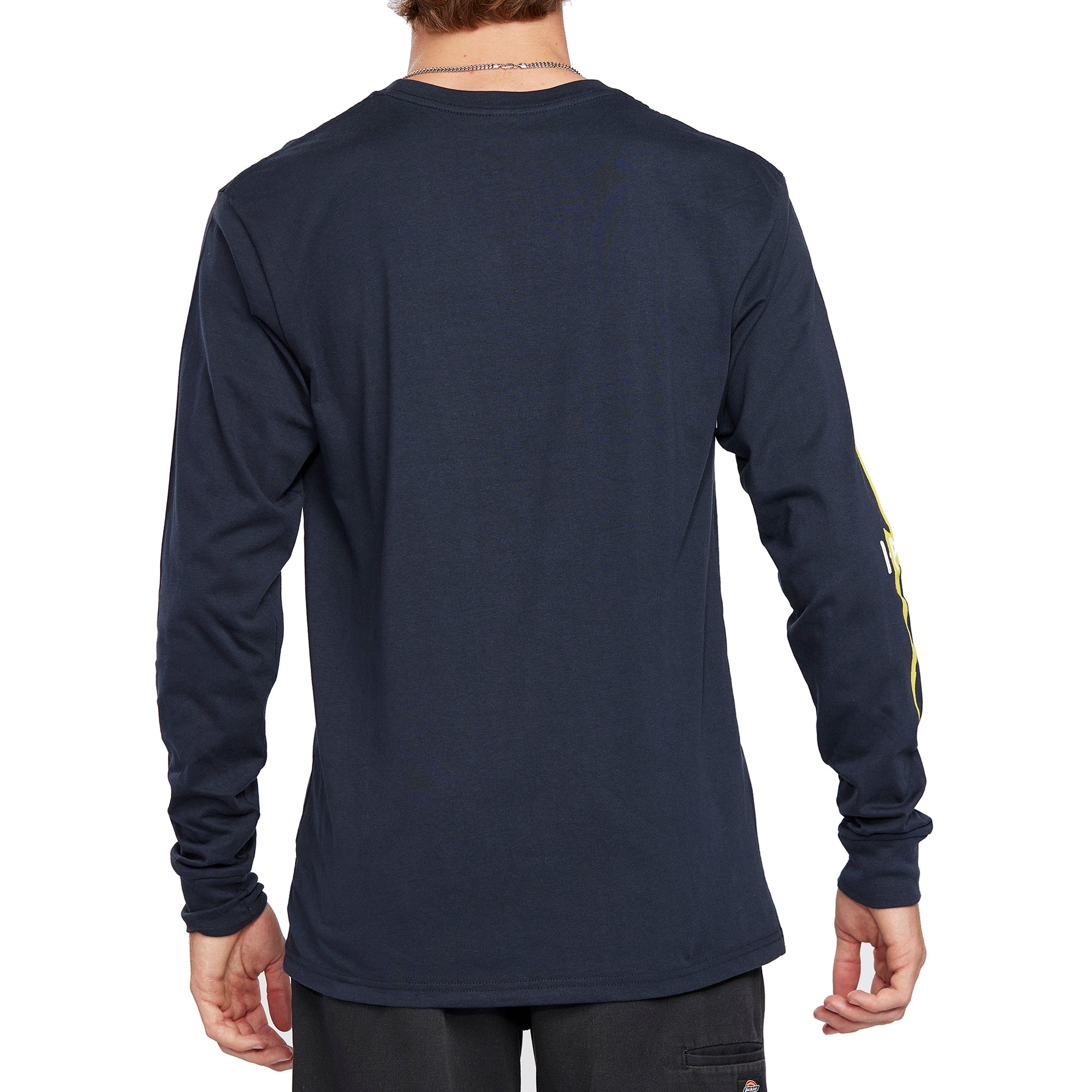 Back view of navy Bolt Longsleeve tee with a plain design and visible long sleeves.