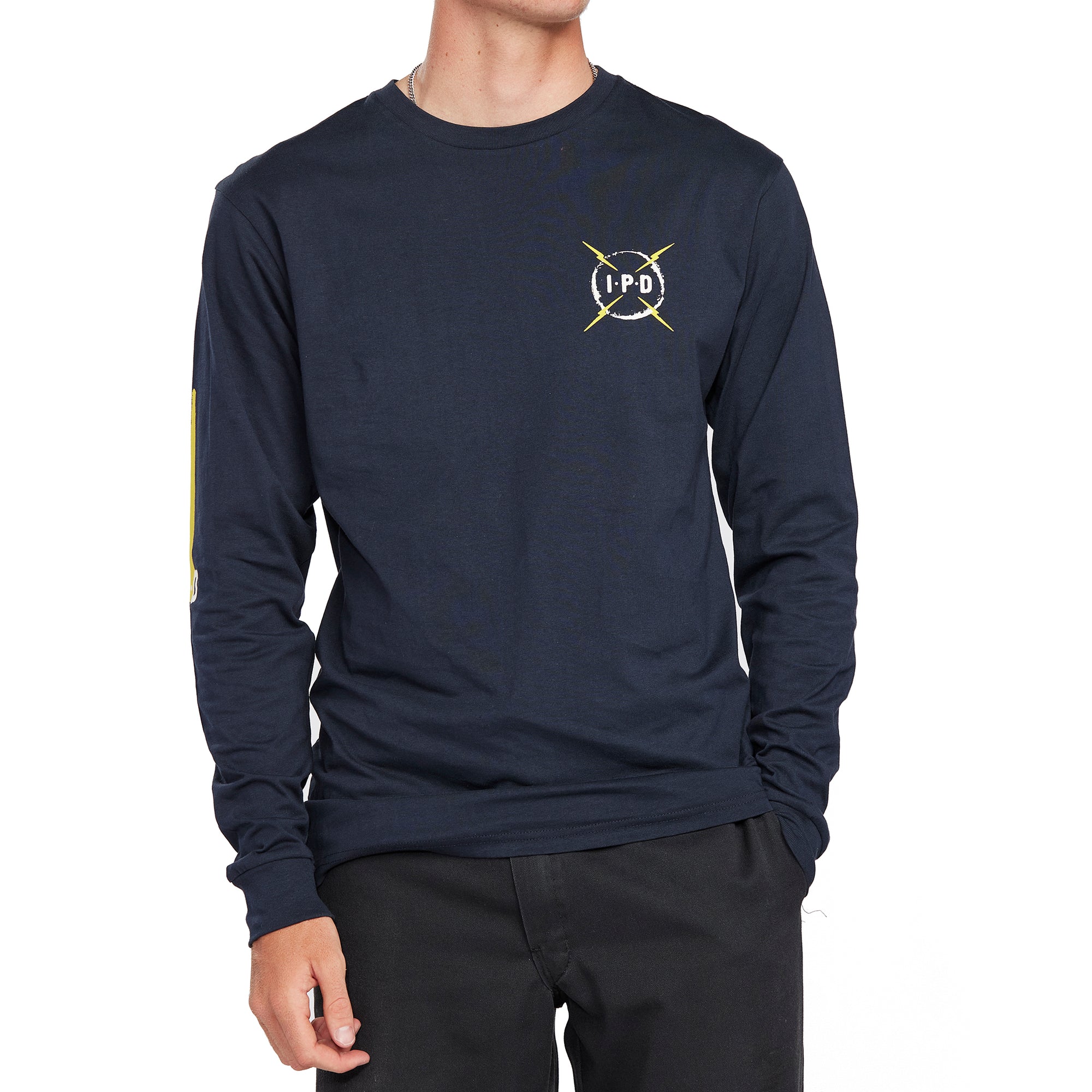 Front view of navy Bolt Longsleeve tee featuring a yellow lightning bolt design on the left sleeve and IPD logo on the chest.

