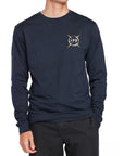 Front view of navy Bolt Longsleeve tee featuring a yellow lightning bolt design on the left sleeve and IPD logo on the chest.

